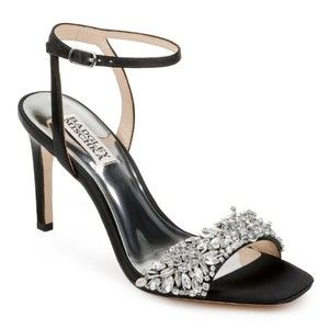 Badgley Mischka Size 6 Rider Black Satin Jeweled Dress Sandals Heels Shoes